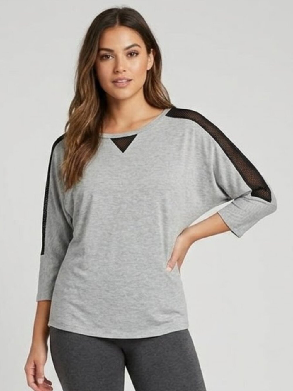 Mesh Panel Dolman Sleeve Top Medium Gray Black Relaxed Fit Rue21